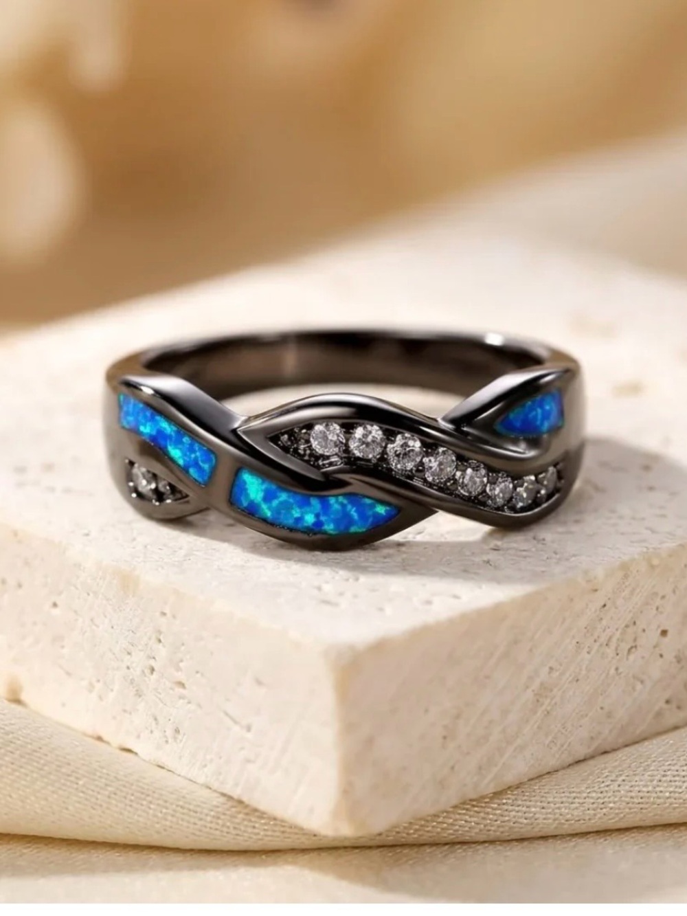 Blue Opal and Cubic Zirconia Twisted Band Ring
